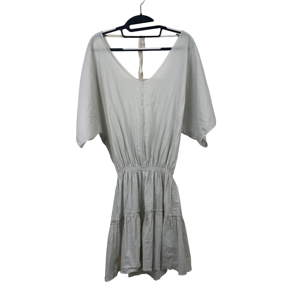 MIKUTA Light Grey 100% Cotton V-Neck Tiered Mini Dress Elastic Waist Size Medium